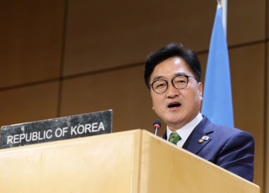 지난 29일 우원식 의장이 ‘제6차 세계국회의장 회의’ 1일 차 일반토론에서 발언하고 있다. 사진 | 의장 공보수석실