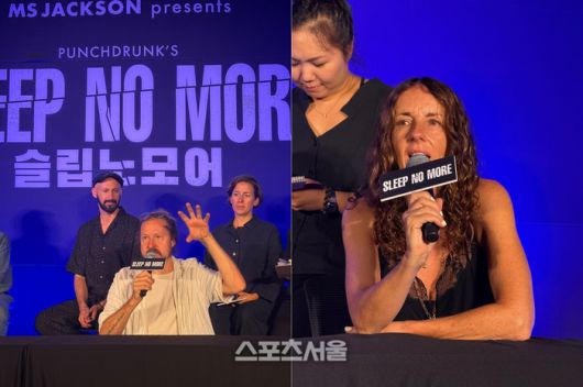 지난 20일 이머시브 시어터 ‘슬립 노 모어’ 기자간담회에서 (왼쪽부터)펠릭스 바렛 연출과 맥신 도일 공동 연출 및 안무가가 퍼포머와 관객 간의 거리에 대해 설명하고 있다. 사진 | 표권향 기자 gioia@sportsseoul.com