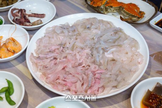 울진 공석횟집. 붉은 색깔이 도는 게 줄가자미, 흰색이 도다리회다. 울진 | 원성윤 기자 socool@sportsseoul.com