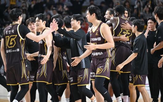 창원 LG 선수단이 창원체육관에서 열린 2025~26시즌 LG전자 프로농구 3라운드 수원 KT전 승리 후 환호하고 있다. 사진 | KBL