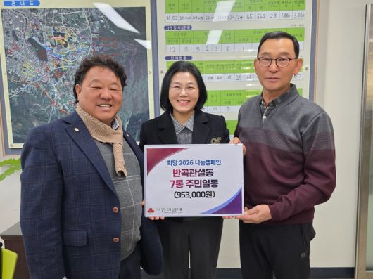 원주시 반곡관설동 7통 주민 일동은 지난 6일 반곡관설동 행정복지센터에 성금 95만 원을 기탁하며 희망의 온도를 높였다.희망2026 나눔캠페인은 지역 내 어려운 이웃들을 지원하기 위해 2025년 12월 1일부터 2026년 1월 31일까지 진행된다. 캠페인에는 시민 누구나 동참할 수 있다.성금은 저소득층 긴급 지원, 생계비, 의료비 등 지역복지 안전망 강화에 사용될 예정이다.진연석 반곡관설동장은 “많은 주민과 기관·단체에서 따뜻한 마음을 모아주셔서 감사드린다”며 “행복한 지역사회를 만들기 위해 지속적으로 노력하겠다”라고 말했다.  사진|원주시청