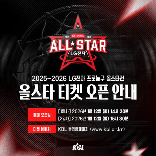 2025-2026 LG전자 프로농구 올스타전 티켓 예매가 12일 오후 2시30분부터 순차적으로 오픈된다. 사진 | KBL