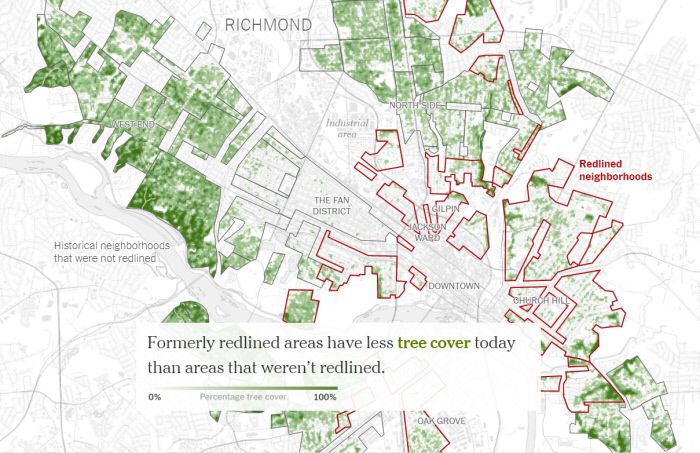 뉴욕타임스는 24일(현지시간) 미국 버지니아주 리치먼드의 녹지 비율을 색깔로 표시했다. ‘그린존’은 녹지가 많지만, ‘레드존’에선 녹지를 거의 찾아볼 수 없다. 뉴욕타임스 화면 갈무리