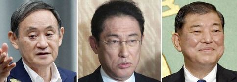일본의 차기 총리 유력후보로 꼽히는  스가 요시히데 관방장관(왼쪽), 기시다 후미오 자민당 정조회장(가운데), 이시바 시게루 전 자민당 간사장 ｜교도연합뉴스