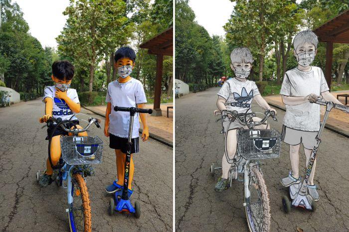 지난 11일 서울 양천구의 한 공원에서 LG전자 스마트폰 신제품 ‘LG Q92’ 카메라 애플리케이션에 탑재된 ‘카툰’(왼쪽 사진)과 ‘스케치’ 기능을 활용해 찍은 아이들 모습(오른쪽).  구교형 기자 wassup01@kyunghyang.com