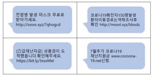 코로나19 사칭·긴급재난지원금 관련 스미싱 문자 사례. 과기정통부 제공
