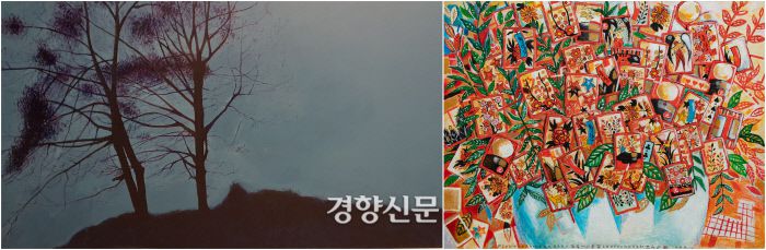 그림을 그리는 가수인 조영남과 최백호의 ‘조영남 특별전’‘최백호 특별전’도 각각 마련된다. 이미지 왼쪽부터 최백호의 ‘나무’(아크릴과 컬러매직, 193.9×112㎝)와 화투 그림으로 유명한 조영남의 ‘극동에서 온 꽃’(혼합 매체, 115×150㎝).