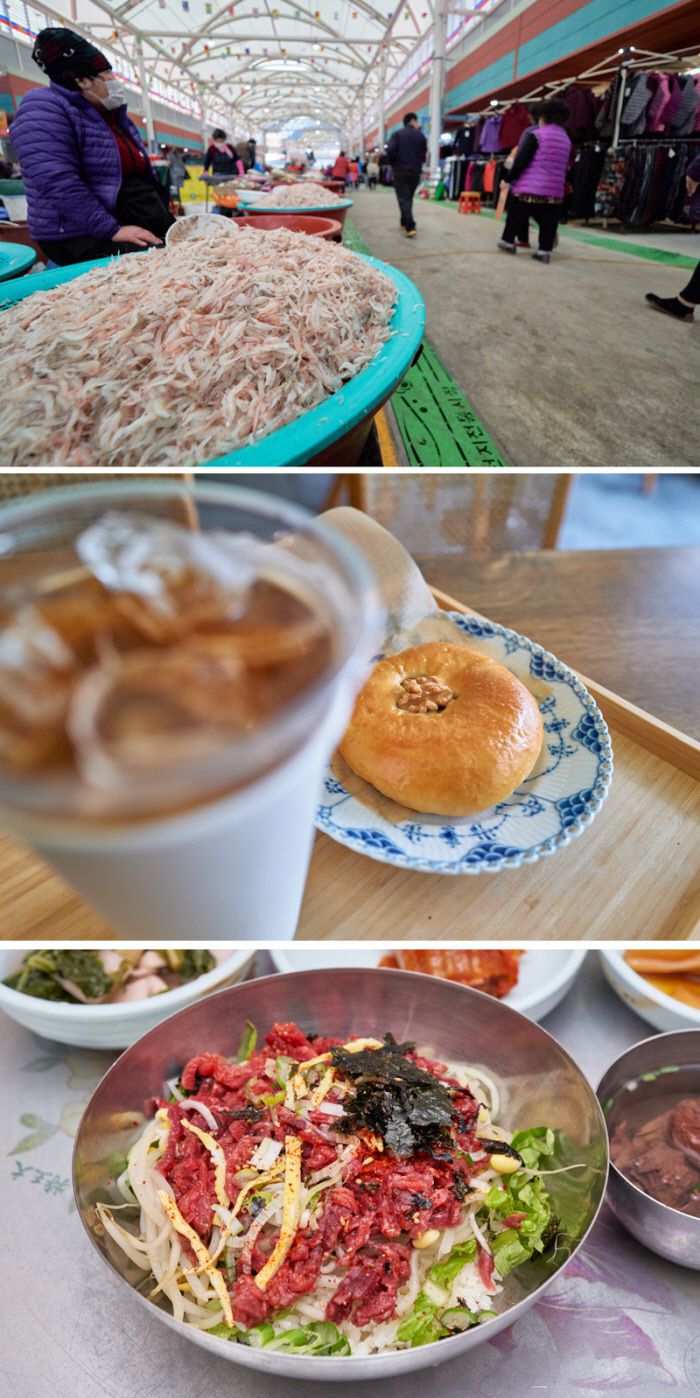 함평 오일장의 주인공은 젓새우(위 사진부터)다. 함평군에서 생산한 팥으로만 만든 단팥빵은 공장의 그것과 맛의 차원이 다르다. 매콤한 육회비빔밥은 짭조름한 묵은지와 담백한 선짓국을 곁들여 나온다.