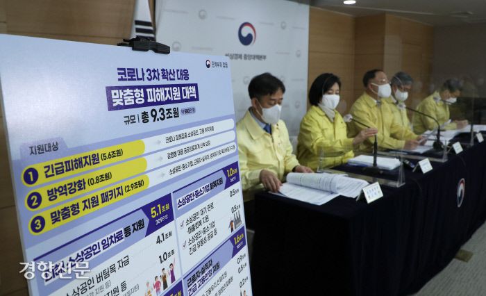 홍남기 경제부총리 겸 기획재정부 장관이 29일 오전 종로구 정부서울청사 브리핑실에서 긴급재난지원금을 비롯한 코로나19 확산에 대응한 맞춤형 피해지원대책을 발표하고 있다. 왼쪽부터 양성일 보건복지부 제1차관, 박영선 중소벤처기업부 장관, 홍 부총리, 이재갑 고용노동부 장관, 은성수 금융위원회 위원장.  이석우 기자