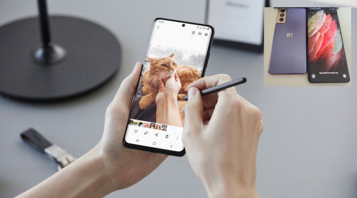 갤럭시 S21 울트라 사용자가 ‘S펜’으로 화면 속 사진을 편집하고 있다. 노태문 삼성전자 무선사업부장(사장)은 17일 “다양한 분야로 S펜의 경험을 확장하면서 제품을 혁신하고 최고의 모바일 경험을 제공하기 위해 노력할 것”이라고 말했다. 작은사진은 갤럭시 S21 뒷면(왼쪽)과 S21 울트라 앞면.  삼성전자 제공