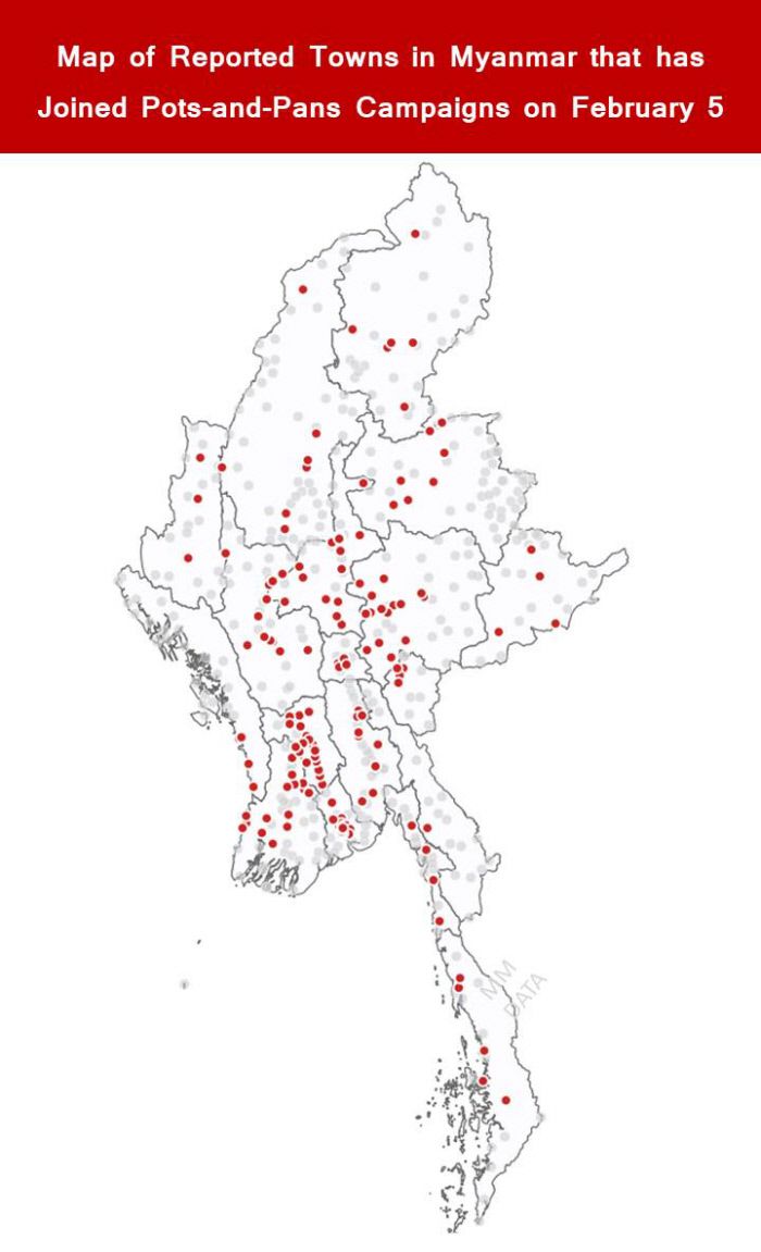 미얀마의 민주화 활동가들이 페이스북을 통해 ‘냄비 시위’에 동참한 마을의 정보를 수집해 만들고 있는 지도. 지난 5일자 지도가 올라온 후 인터넷이 끊기면서 이후 업데이트가 되지 않고 있다. /페이스북 캡쳐