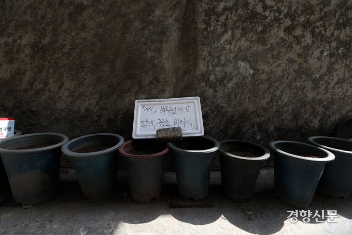 아파트 인근 화분 위에 담배 꽁초를 버리지 말라는 안내문이 놓여있다. / 권도현 기자