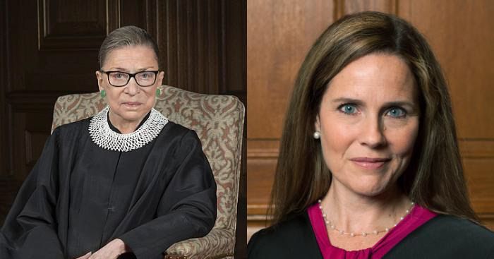 진보 성향의 루스 베이더 긴스버그 전 대법관(왼쪽)과 도널드 트럼프 전 대통령이 대선을 8일 앞두고 그의 후임으로 지명한 보수 성향의 에이미 코니 배럿 대법관.