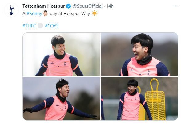 손흥민이 15일 영국 런던 토트넘의 훈련장에서  훈련하고 있다. 토트넘 홋스퍼 페이스북 캡처