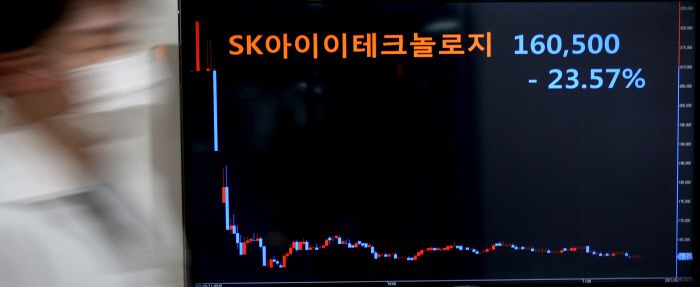 SK아이이테크놀로지(SKIET)가 유가증권시장에 상장한 지난 11일 오전 서울 종로구 연합인포맥스에 설치된 화면에 SKIET 시간대별 주가 그래프가 표시되어 있다./연합뉴스