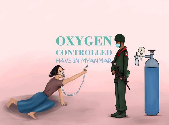 미얀마의 산소 부족 사태를 풍자한 만화. 트위터 화면 갈무리