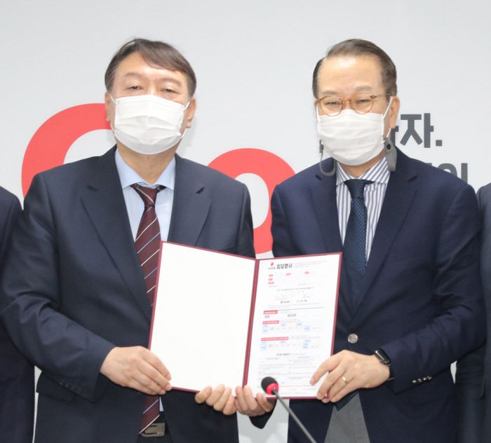 윤석열 전 검찰총장(왼쪽)이 30일 국민의힘 당사에서 권영세 대외협력위원장과 입당원서를 함께 들어보이고 있다. 국회사진기자단