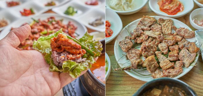 껍질째 매콤하게 양념해 구운 닭 불고기는 밥도둑이 된다(왼쪽 사진). 소나무 숯에 솔잎도 같이 구워 향을 입힌 돼지 불고기.