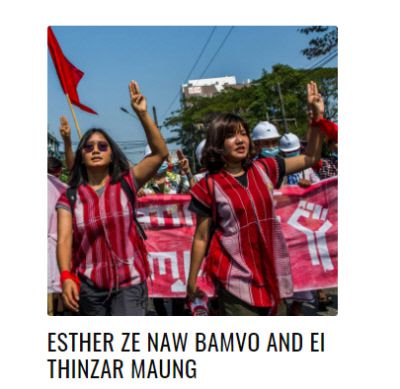 잇 띤자 마웅 국민통합정부(NUG) 여성청소년아동부 차관(오른쪽)과 시민단체 활동가인 에스더 제 노 밤보. 이들은 쿠데타를 일으킨 군부에 저항하기 위한 시민들의 ‘세 손가락 시위’를 주도했다. 타임 홈페이지 캡쳐