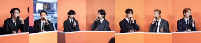 그룹 방탄소년단(왼쪽부터 진, 제이홉, 뷔, 지민, 정국, RM, 슈가)이 28일(이하 현지시간) 미국 LA 소파이 스타디움에서 열린 ‘퍼미션 투 댄스 온 스테이지-LA’ 콘서트 기념 기자회견에 참석해 질문에 답하고 있다. 빅히트 뮤직 엔터테인먼트 제공.