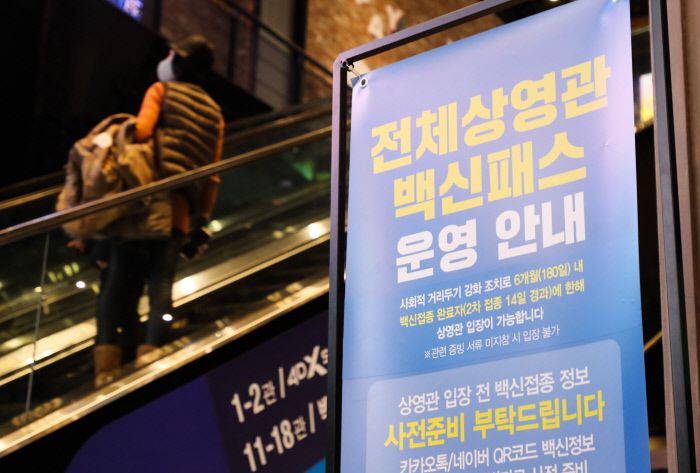 코로나19 감염 전파 위험이 적은 보습학원, 독서실, 박물관, 영화관, 대형마트, 백화점 등 시설의 방역패스(접종증명·음성확인제)가 18일부터 해제된다. 정부는 17일 정부세종청사에서 중앙재난안전대책본부(중대본) 회의를 열고 학원 등 6가지 시설의 방역패스를 해제한다고 밝혔다. 사진은 이날 서울 시내 영화관에 방역패스 안내문 모습. 연합뉴스