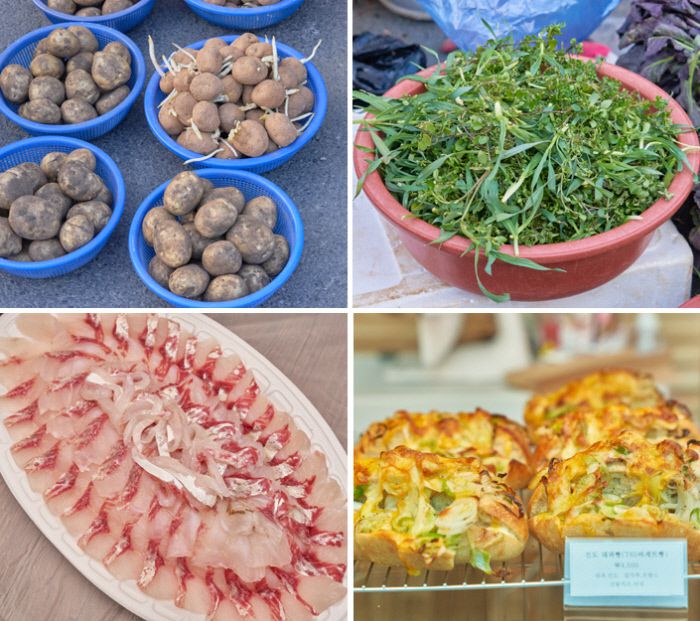 진도 오일장의 씨감자가 봄을 알린다. 오일장이라 만날 수 있는 별꽃나물은 된장무침 하면 좋다. 대파가 아낌없이 들어간 진도 대파빵은 특산물 먹거리의 좋은 예. 겨울 숭어는 흙내 없이 쫄깃함만 가득하다.(왼쪽 위부터 시계방항순)