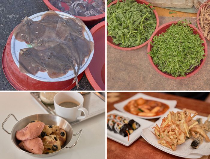 영등철 기간이라 생물은 간재미라 불리는 홍어 새끼 정도가 눈에 띄었다. 봄나물 중에는 쓴맛으로 미각을 깨우는 것이 많은데, 별꽃나물은 여린 단맛을 낸다. 진짜 오징어가 들어간 튀김과 김밥, 떡볶이. 음식 만들 때 성의가 가득 들어가면 맛이 없을 수 없다. 천연발효종을 만들어 다양한 풍미를 내는 빵.(사진 위부터 시계방향 순서대로)