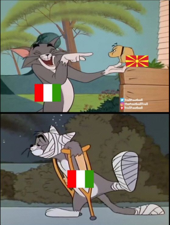 축구매체 트롤풋볼이 북마케도니아에 패한 이탈리아를 생쥐를 얕보다가 호되게 당한 고양이 톰에 비유해 그린 삽화. 트롤풋볼 홈페이지