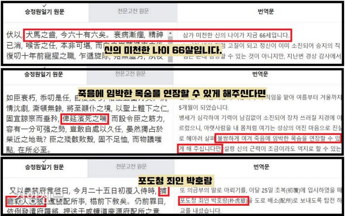 2021년 4월 개통된 한국고전번역원의 자동번역기를 통해 번역한 <승정원일기>. ‘비천한 신의 나이’를 의미하는 ‘견마지치(犬馬之齒)’와 ‘육십(60)하고도 6살 더 먹은 나이(今六十有六矣)’를 66세로 제대로 번역했다. ‘호랑(虎狼)’을 사람이름인 ‘박호랑’으로 제대로 읽어내는 등 제법 능숙한 번역솜씨를 보였다 . 그러나 디테일에 들어가면 여전히 어색하고 잘못된 번역이 보인다.