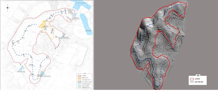 함안 가야리 유적 시굴조사 현황(왼쪽)과 항공 라이다 측량 결과물. 문화재청 제공