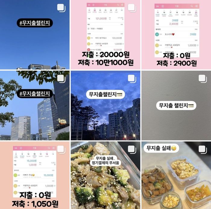 인스타그램에 ‘무지출 챌린지’를 검색한 모습. 하루 소비를 인증한 게시글들이 올라와 있다. 인스타그램 캡쳐