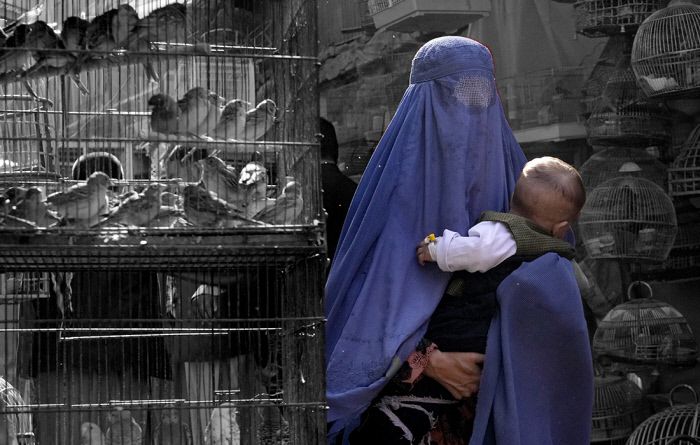 5월 8일(현지시간) 아프가니스탄 카불 시내에서 부르카를 입은 여성이 아이를 안고 조류시장을 걷고 있다. 탈레반은 모든 아프간 여성들에게 공공장소에서 머리부터 발끝까지 몸을 가리는 부르카를 착용하라고 지시했다. AP연합뉴스