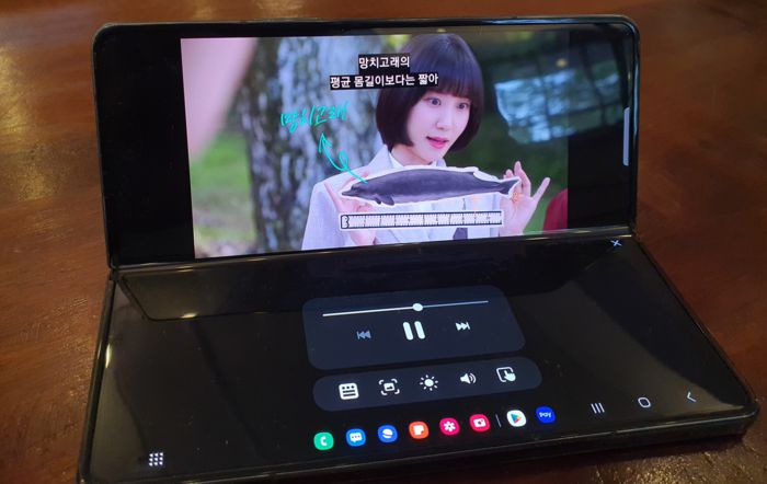 갤럭스Z폴드4를 반으로 접어 넷플릭스 앱에서 ‘이상한 변호사 우영우’를 시청했다. 넷플릭스를 실행하면 ‘플렉스 모드(화면 최적화)’가 자동 적용돼 화면 상단에는 영상이, 하단에는 영상 조작 메뉴가 나타난다.