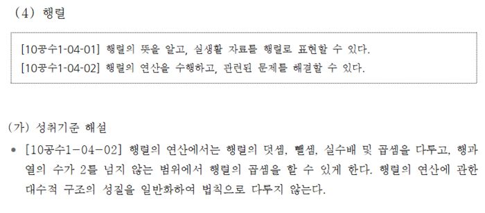 2022 개정 교육과정 고등학교 수학과 공통 교육과정 시안 중 ‘행렬’ 성취기준과 해설.