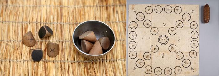 종지윷과 윷말(강원도 삼척시, 국립민속박물관 소장, 왼쪽)과 한글 윷판 및 윤목(국립한글박물관 소장). 문화재청 제공