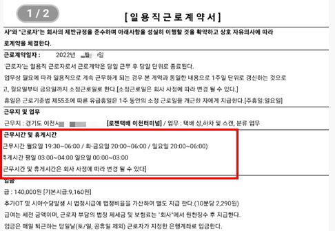 일용직 노동자들이 하청 도급업체와 맺는 근로계약서. 노동자 제공
