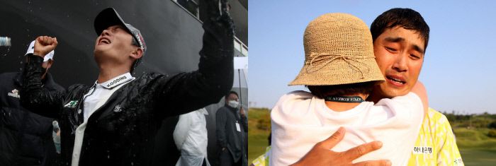 지난 10월 제네시스 챔피언십에서 생애 첫 우승을 거둔 뒤 감격에 젖은 김영수(왼쪽 사진)와 지난 5월 데상트코리아 먼싱웨어 매치플레이 챔피언십에서 우승한 뒤 어머니와 포옹하며 뜨거운 눈물을 흘린 박은신. KPGA 제공