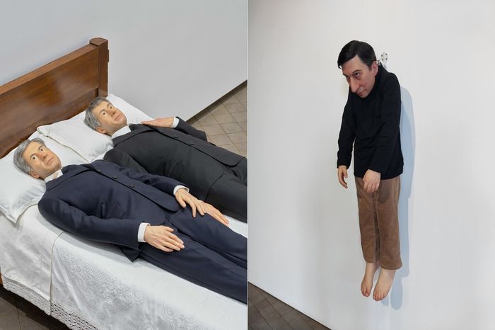 작품 ‘우리’의 세부 모습(2010, 혼합재료, 78.5×151×80㎝, 왼쪽, 사진 김경태, 리움미술관 제공)과 ‘무제’ 전시 전경(오른쪽, 사진 도재기). Courtesy of Maurizio Cattelan.