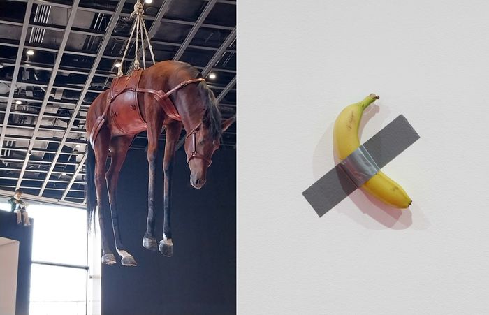 말을 형상화한 ‘노베첸토’ 뒤로 양철북을 두드리는 소년을 표한한 ‘무제’가 보인다(왼쪽, 사진 도재기). 사진 오른쪽은 화제의 작품 ‘코미디언’(2019, 생 바나나, 덕테이프, 가변크기, 사진 김경태). Courtesy of Maurizio Cattelan. 리움미술관 제공
