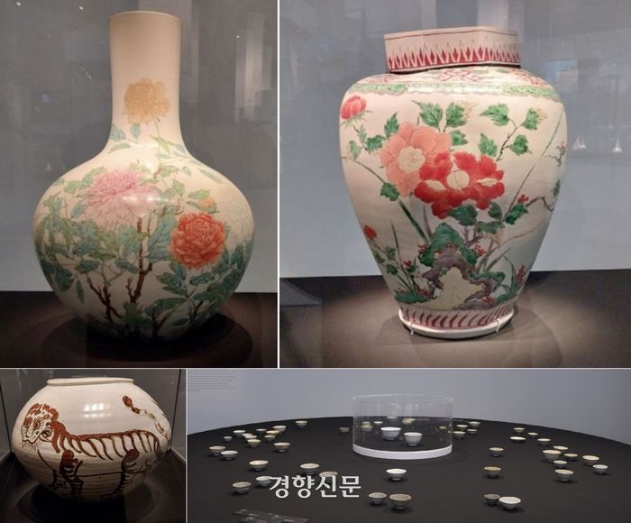 (왼쪽 위부터 시계방향으로) 전시장에서 선보이고 있는 18세기 중국 청나라의 ‘분채 모란문 대병’(도쿄국립박물관 소장), 17세기 후반 일본 에도시대의 ‘색회 모란동백문 팔각 호’(오사카시립동양도자미술관 소장), 조선 후기 지방 가마에서 빚어진 각종 자기들, 17세기 후반 조선에서 제작된 ‘백자철화 호록문 호’(오사카시립동양도자미술관 소장). 도재기 선임기자