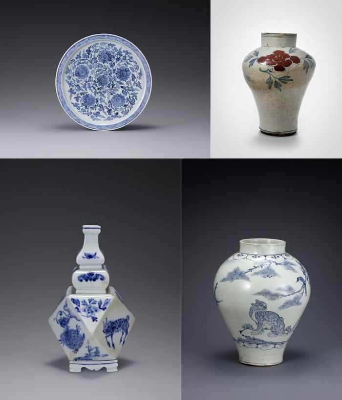 왼쪽 위부터 시계방향으로 ‘백자청화 보상화당초문 잔받침’(15세기) ‘백자청화동채 모란문 호’(조선·19세기·일본민예관 소장)  ‘백자청화 송하호작문  호’(18세기 말~19세기 초) ‘백자청화 서수문 각병’(19세기). 리움미술관 제공