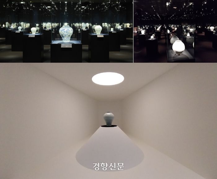 ‘조선의 백자, 군자지향’ 전에서 명품들을 한 자리에 모은 전시장 일부 전경(위)과  감상의 깊이를 더하기 위해 순백자 1점을 단독 전시한 모습. 도재기 선임기자
