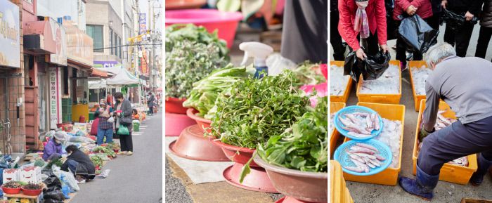 2와 7이 든 날에 열리는 김해 오일장. 오일장의 봄은 나물로 오고 있었다. 3000원 미나리 한 단이면 돼지고기 구이도, 라면도, 부침개도 봄맛을 낸다. ‘무조건 만원’의 선도 좋은 생선을 사기 위해 검은 비닐봉지를 든 채 아주머니들이 줄을 늘어섰다(왼쪽 사진부터).