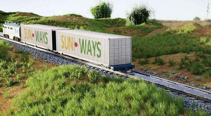 스위스 기업 선 웨이즈가 구상한 전용 열차가 태양광 전지판을 잇따라 설치하는 상상도. 이 회사는 태양광 전지판을 스위스 전역의 철로에 설치하면 연간 전력 수요의 2%를 감당할 수 있다고 추산했다. 선 웨이즈 제공