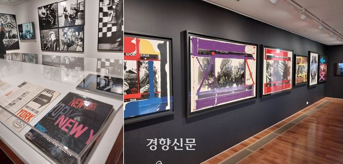 클라인의 사진집 <뉴욕> 중심의 전시장 전경(왼쪽)과  사진과 회화의 융합작업인 ‘페인티드 콘택트’(Painted Contacts) 연작 전시 전경 일부. 도재기 선임기자