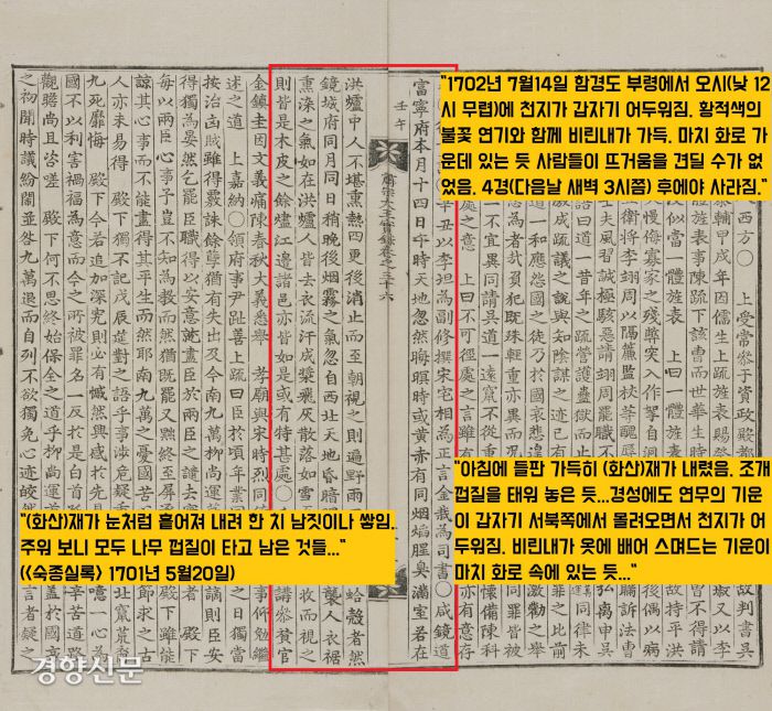 백두산의 화산활동은 빈번했다. 그중 1702년(숙종28) 5월14일 일어난 분화의 규모는 상당했다. 백두산 분화로 뿜어진 화산재가 함경도 부령과 경성까지  날아왔다는 기록이 보인다.
