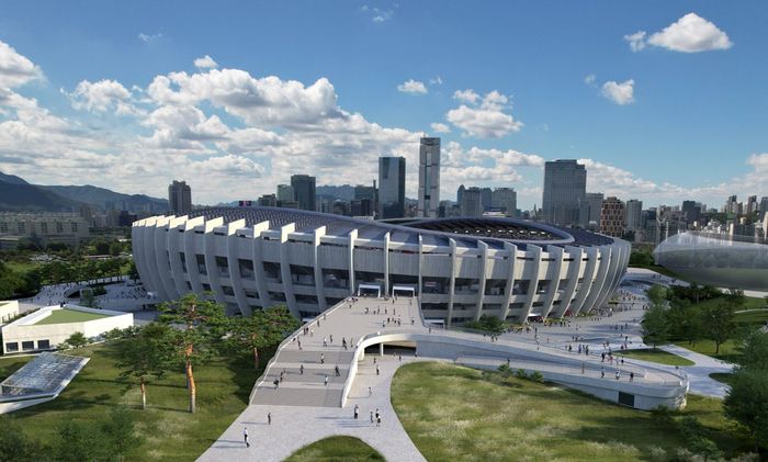 잠실종합운동장 주경기장 리모델링으로 외부 데크를 철거하고 탄천과 한강을 잇는 폭 30m의 보행광장을 만들어 접근성을 높일 계획이다. 주경기장 공사 후 북동측 방향 투시도. 서울시 제공