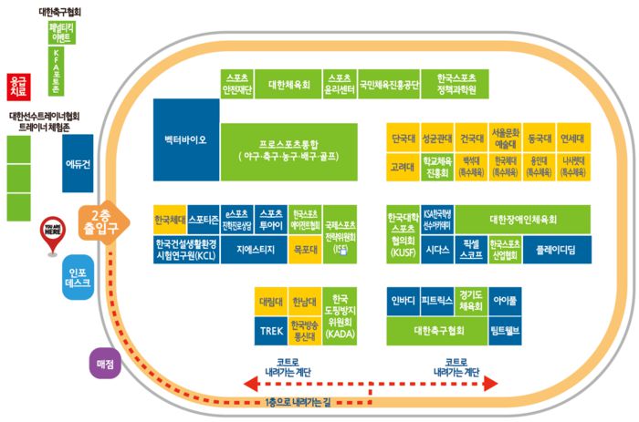 스포츠진학진로취업박람회 부스 배치도. 왼쪽 중간열에 있는 스포티즌, e스포츠진학진로 상담 부스로 가면 e스포츠 진로와 관련된 다양하면서도 실질적인 정보를 얻을 수 있다.