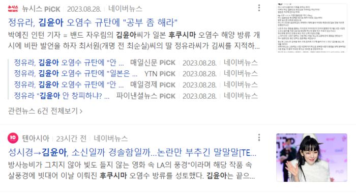 포털사이트 네이버에 ‘김윤아’와 ‘후쿠시마’라는 단어를 입력하자 관련 기사들이 검색됐다. 김윤아씨를 향해 쏟아진 비난의 목소리를 그대로 전하는 내용이 다수다. 네이버 갈무리