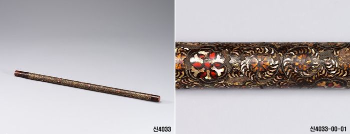 ‘나전 대모 국화넝쿨무늬 불자’ 전체 모습(왼쪽)과 세부 장식. 국립중앙박물관 소장. 문화재청 제공